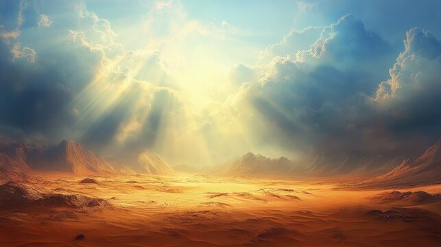 A peaceful, quiet desert landscape with rays of light breaking through clouds, symbolizing hope in tuberculosis eradication