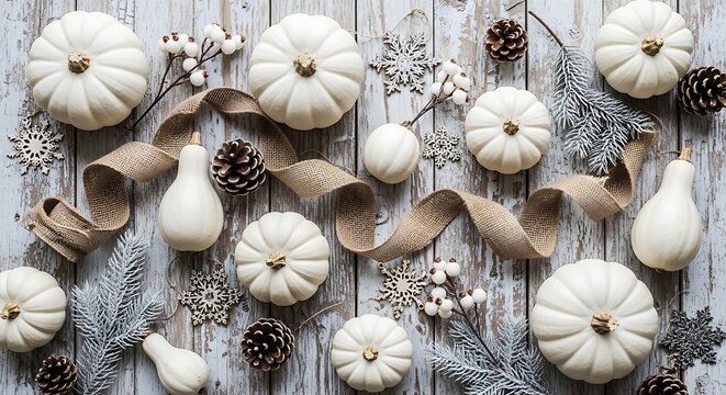 White pumpkins and gourds with pinecones and snowflakes on wooden tabletop with ribbon