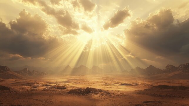 A peaceful, quiet desert landscape with rays of light breaking through clouds, symbolizing hope in tuberculosis eradication
