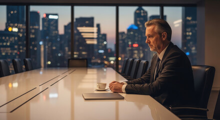 Fototapeta premium A man in a dark suit sits alone at a long conference table in a high-rise office overlooking a city skyline at dusk.