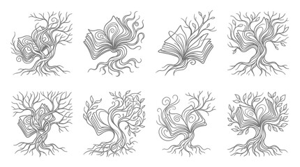 Fototapeta premium Enchanted Book Trees: Fantasy & Knowledge Growth Illustrations