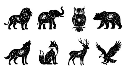 Celestial Animal Silhouettes: Lion, Elephant, Owl, Bear, Wolf, Fox, Deer, Eagle © Labib