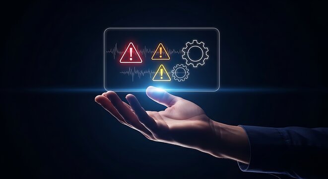 Hand holding a glowing digital interface with warning signs and gear representing technical issues and system maintenance in a dark room