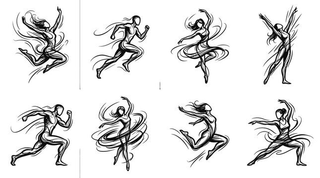 Dynamic dance and running silhouettes in energetic sketch style