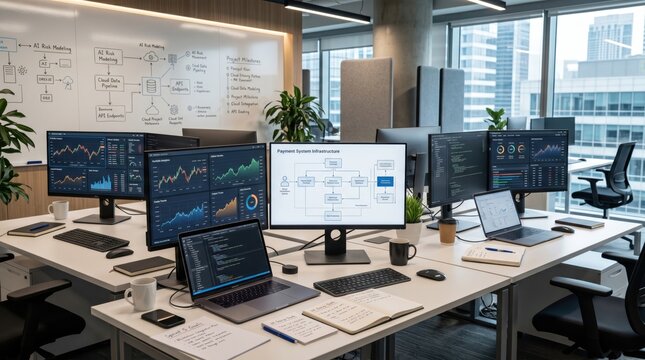 Modern software development workspace with multiple monitors displaying code and diagrams in open plan office environment