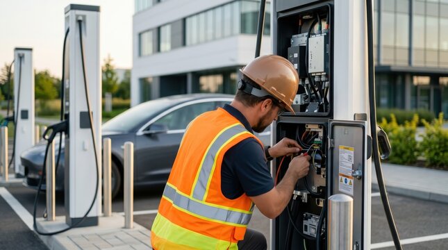Male technician in safety vest and hard hat repairing electric vehicle charging station equipment, working on internal wiring components at outdoor parking lot facility with car