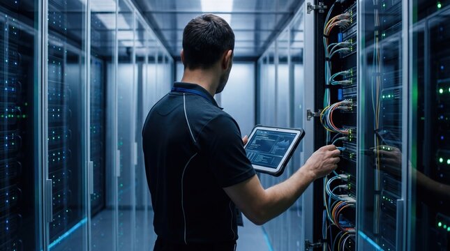 IT specialist maintaining server rack in modern data center, network infrastructure management, cloud computing technology, system administrator working with hardware.
