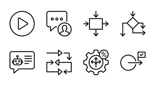 Workflow automation icons: play button, chatbot, process flow, decision tree