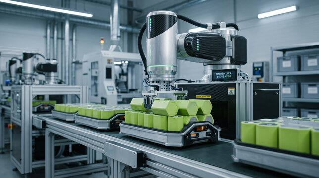 Robotic arm assembling battery cells on automated production line, electric vehicle manufacturing, industrial automation technology, lithium ion battery factory process.
