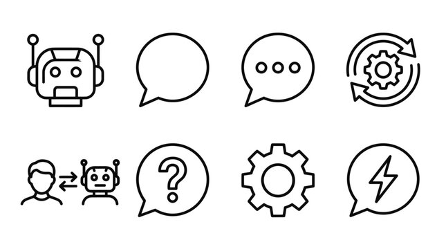 Robot Chatbot and Human Interaction Icons Set: AI, Communication, Questions