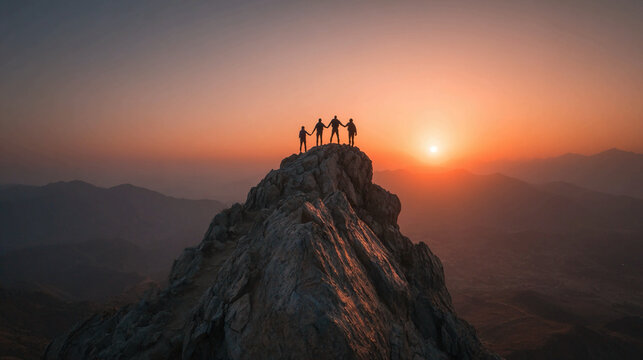 Three people holding hands atop mountain celebrating success, symbolizing teamwork, overcoming obstacles, achievement, motivation, leadership, collaboration, growth, and shared personal or victory,