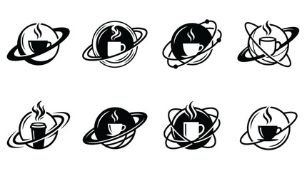 Coffee Planet Logo Set: Mugs, Planets, Orbit, Space, Abstract, Icons © Labib