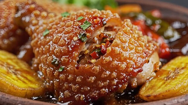 Delicious Crispy Pork Belly with Fried Plantains and Savory Sauce.
