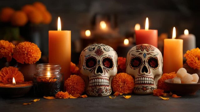 Candle skull altar marigold flower candlelight remembrance celebration decor ceremonial warm glow halloween dark still life floral tribute