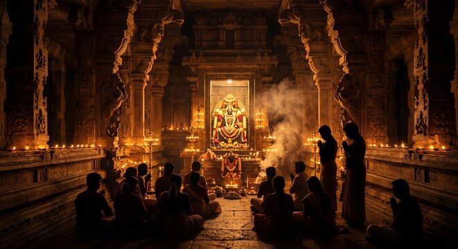 Devotees praying inside illuminated Hindu temple with sacred shrine incense smoke and warm spiritual lighting during religious worship ceremony