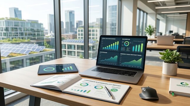 Sustainability report and laptop displaying green investment charts on desk with solar panels visible through office window