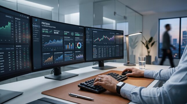 Trader working with fintech AI driven predictions on multiple monitors in dark trading room with financial market data