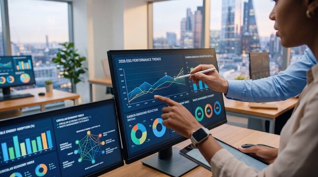 Business professionals analyzing ESG performance trends on digital screens, corporate sustainability strategy meeting, carbon emission reduction data visualization in modern