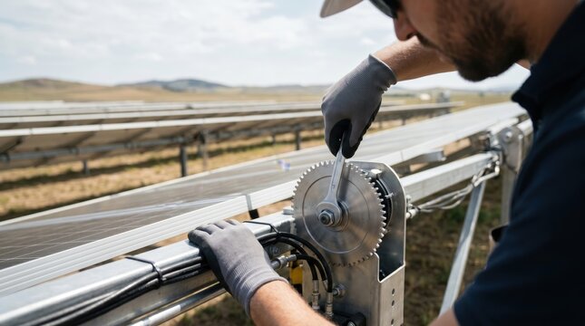 Close up of worker adjusting mechanical gear on solar tracker system in large photovoltaic power plant field under sunny sky