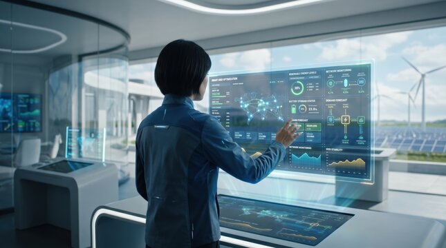 Engineer using futuristic holographic interface for smart grid optimization and renewable energy monitoring in modern control center with solar panels and wind turbines outside.