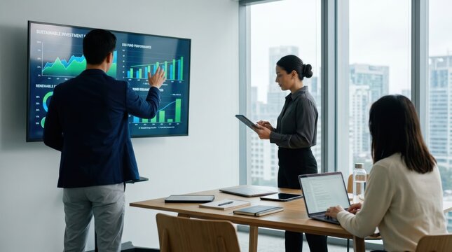Business team analyzing sustainable investment data and ESG fund performance charts on digital screen in modern office meeting room