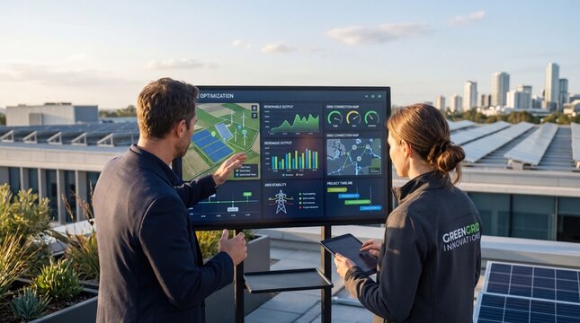 Engineers reviewing renewable energy optimization dashboard on rooftop with solar panels and city skyline background