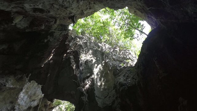 Low angle view of a large cave skylight with natural light streaming into the dark cavern.
