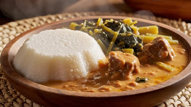 Delicious West African Fufu and Groundnut Stew with Meat.