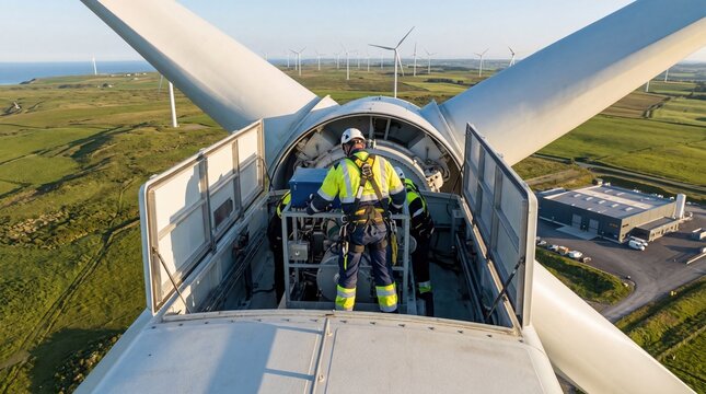 Technicians performing maintenance on wind turbine nacelle, renewable energy concept, green power generation, sustainable future, engineering team working at height, offshore wind