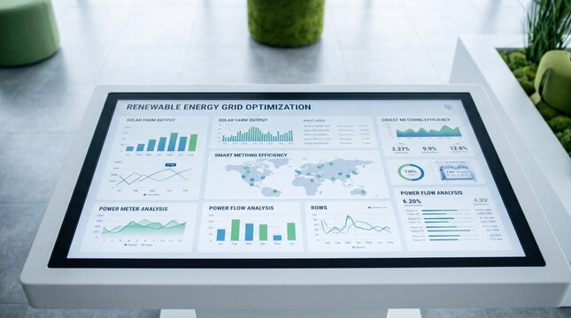 Renewable energy grid optimization dashboard display, smart metering efficiency analysis, solar farm output statistics, power flow charts, sustainable utility management interface