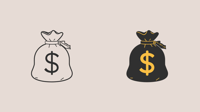 Two illustrations of money bags with dollar signs, one in outline style and one in a black and gold filled design, representing finance and wealth.