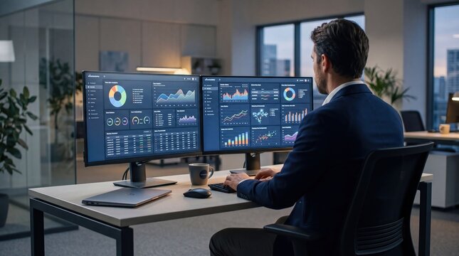 Professional man working on dual monitor setup displaying financial charts and business analytics dashboard in contemporary home office environment during evening time