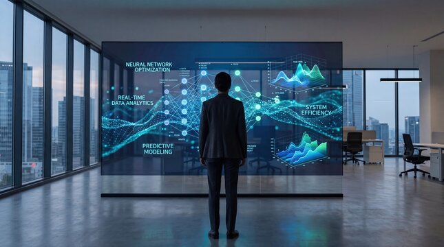 Businessman analyzing neural network optimization and predictive modeling data on futuristic glass screen in modern office with city view, artificial intelligence concept