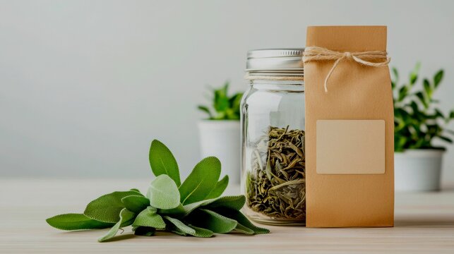 e-commerce product shot of a high-quality dried organic sage tea in sustainable packaging