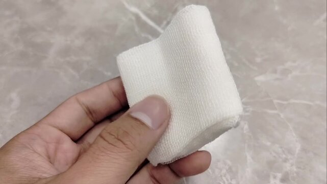 Clean gauze in man's hand