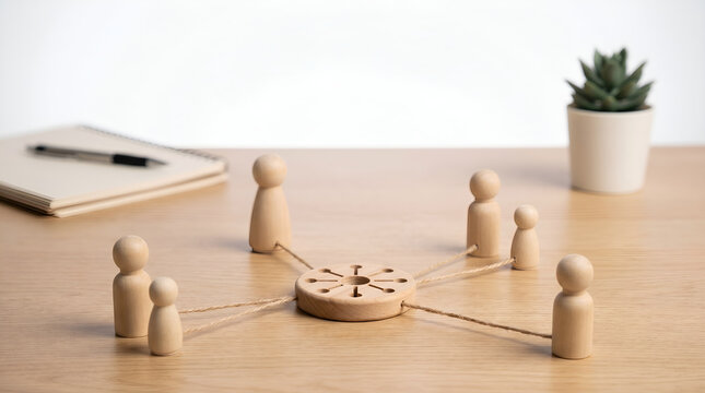 Wooden peg dolls connected by strings symbolizing teamwork and communication on a desk