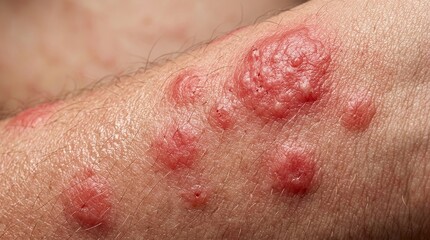 Fototapeta premium Extreme macro skin rash close up with irritated red hives dermatology medical texture detail