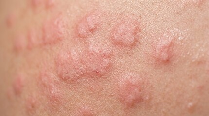 Fototapeta premium Extreme macro skin rash close up with irritated red hives dermatology medical texture detail