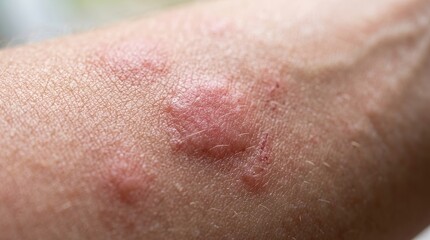 Fototapeta premium Extreme macro skin rash close up with irritated red hives dermatology medical texture detail