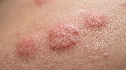 Fototapeta premium Extreme macro skin rash close up with irritated red hives dermatology medical texture detail