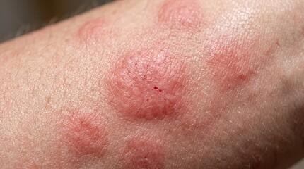 Fototapeta premium Extreme macro skin rash close up with irritated red hives dermatology medical texture detail