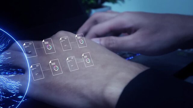 ai futuristic holographic interface of a file manager, folder structure with documents and data scanning, digital document storage software, cloud database, search and manage documents, paperless.