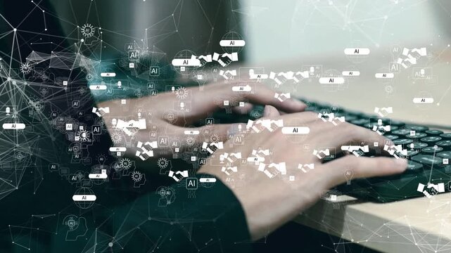 AI technology network overlay on business professional typing on laptop, artificial intelligence automation, digital communication, machine learning and data analytics concept.