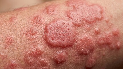 Fototapeta premium Extreme macro skin rash close up with irritated red hives dermatology medical texture detail
