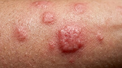 Fototapeta premium Extreme macro skin rash close up with irritated red hives dermatology medical texture detail