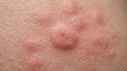 Fototapeta premium Extreme macro skin rash close up with irritated red hives dermatology medical texture detail