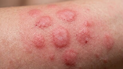 Fototapeta premium Extreme macro skin rash close up with irritated red hives dermatology medical texture detail