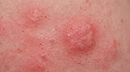 Fototapeta premium Extreme macro skin rash close up with irritated red hives dermatology medical texture detail