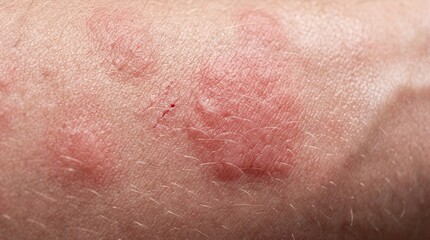 Fototapeta premium Extreme macro skin rash close up with irritated red hives dermatology medical texture detail