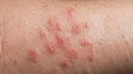 Fototapeta premium Extreme macro skin rash close up with irritated red hives dermatology medical texture detail